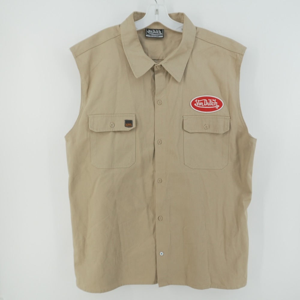 Von Dutch Sleeveless Shirt Mens 3XL Tan Khaki Patch Workwear Button Up VTG Y2K